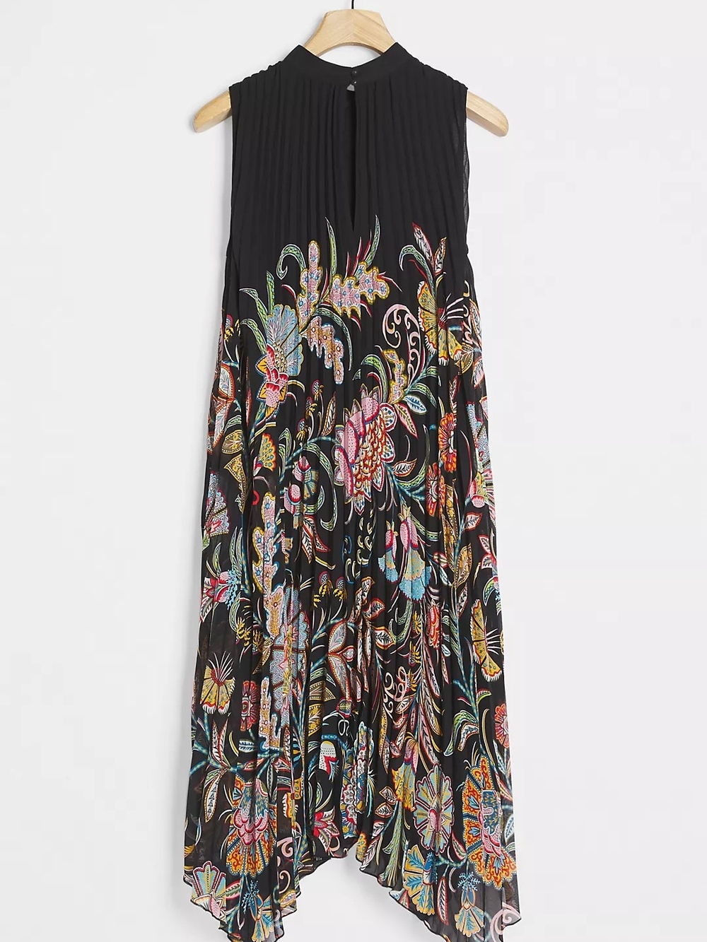 ANTHROPOLOGIE Sleeveless Black Pleated Floral Handkerchief Hem Dress - Picture 2 of 4